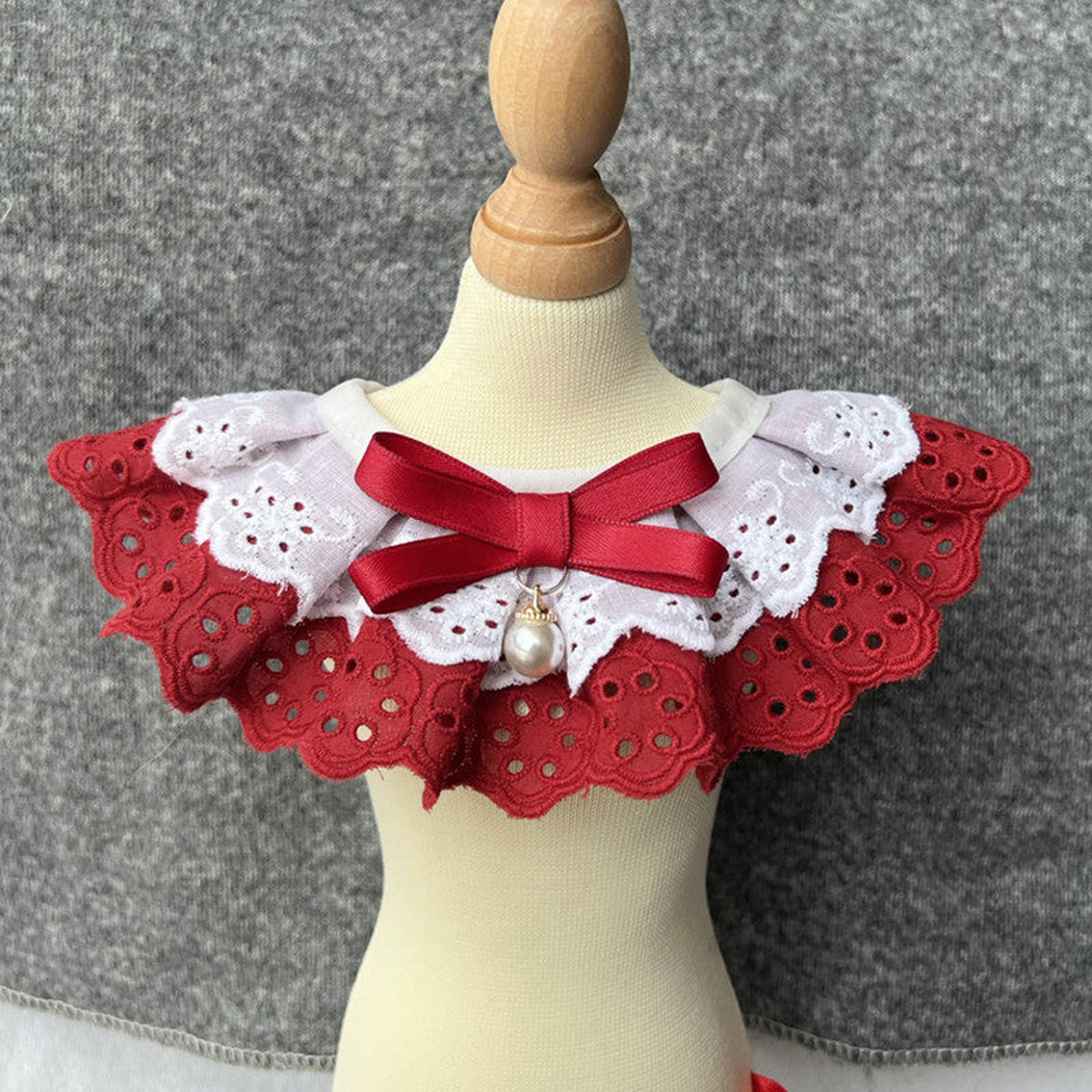 Burgundy layered pet neckwear with bow and pearl-look bead