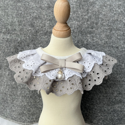 Light Gray layered pet neckwear with bow and pearl-look bead