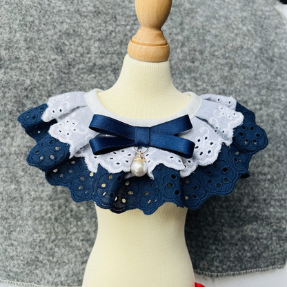 Navy layered pet neckwear with bow and pearl-look bead