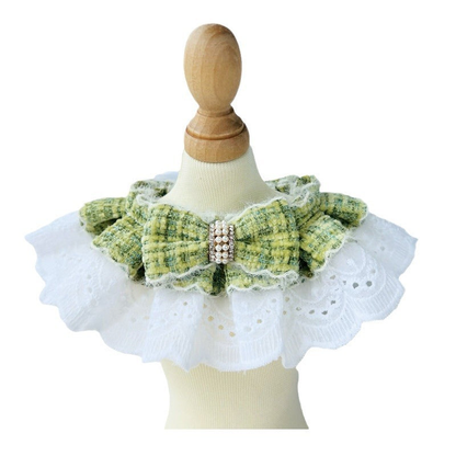 Green plaid bow pet neckwear with pearl-look center band and white ruffle
