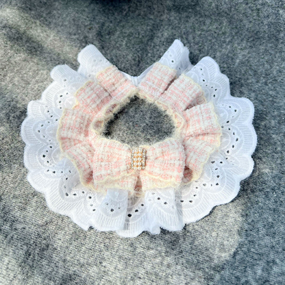 Light Pink plaid bow pet neckwear with white lace-look ruffle, top view