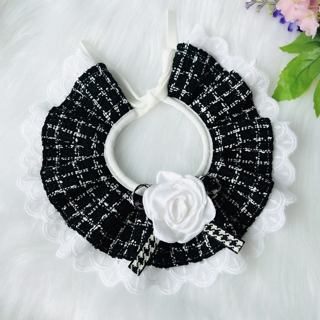 Black checked pet neckwear with white rosette and lace-look edge