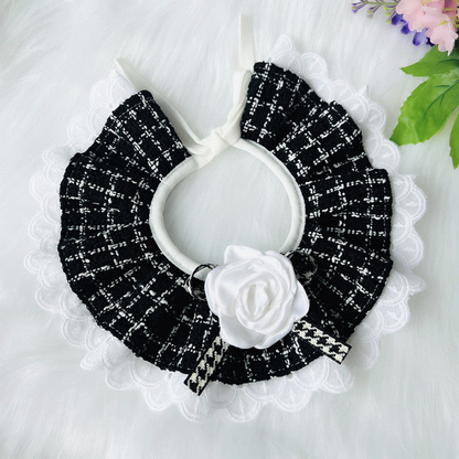 Black checked pet neckwear with white rosette and lace-look edge