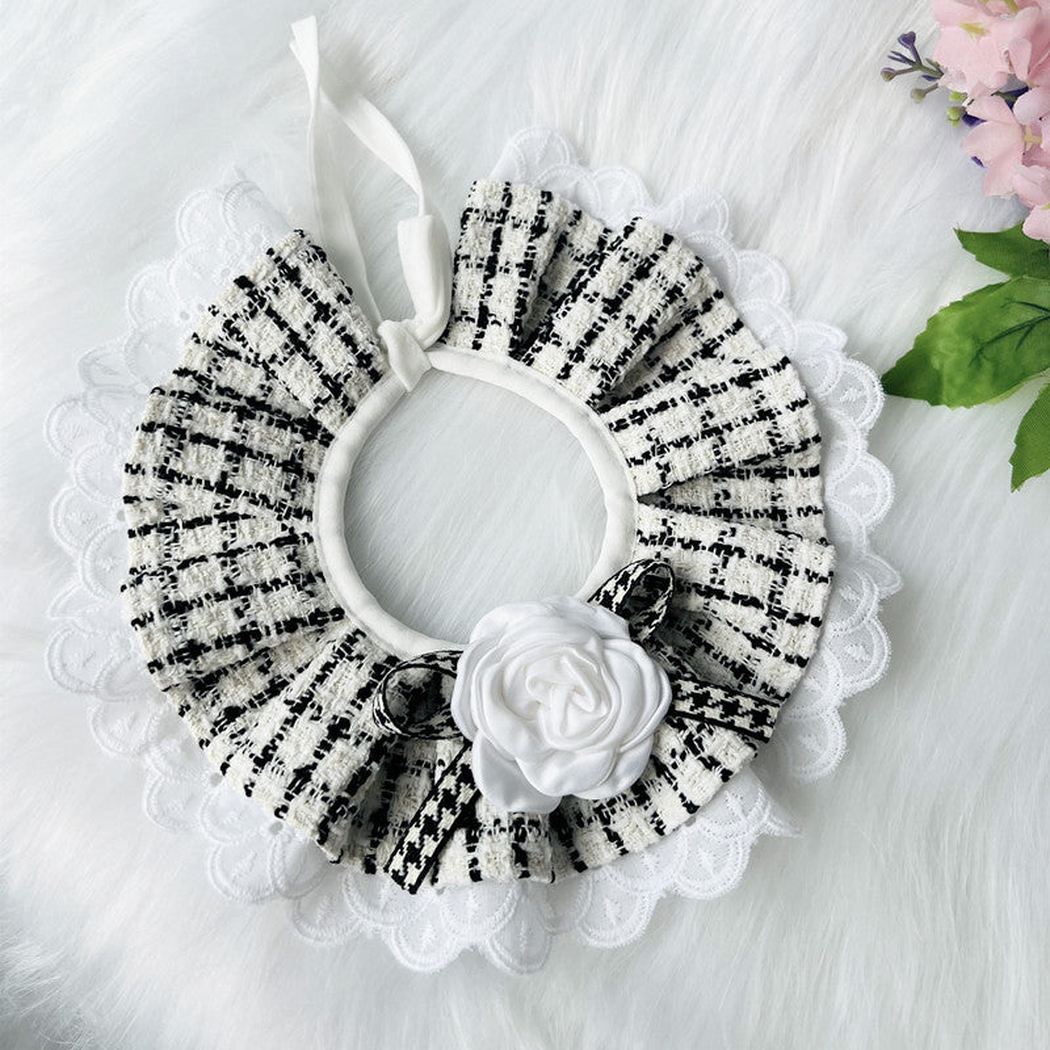White checked pet neckwear with white rosette and lace-look edge
