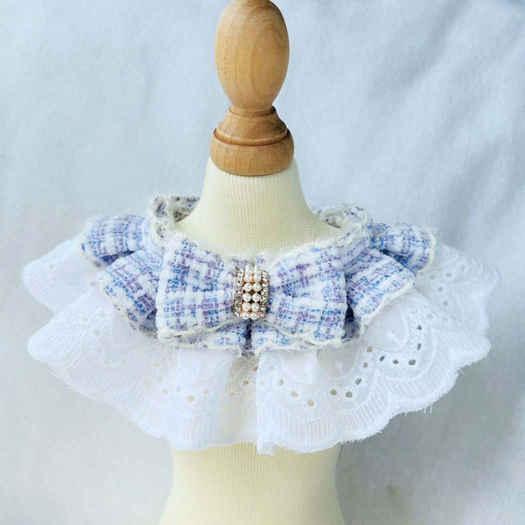 Light Blue plaid bow pet neckwear with pearl-look center band and white ruffle