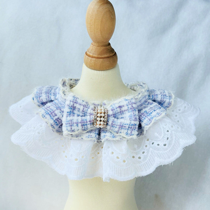 Light Blue plaid bow pet neckwear with pearl-look center band and white ruffle