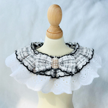 Multicolor plaid bow pet neckwear with pearl-look center band and white ruffle