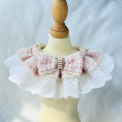 Light Pink plaid bow pet neckwear with pearl-look center band and white ruffle