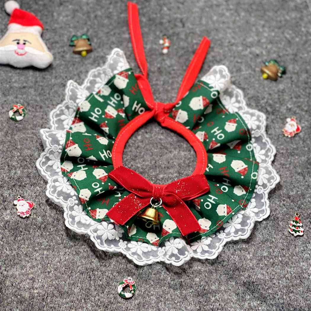 Santa style green ruffled pet neckwear with red bow and bell