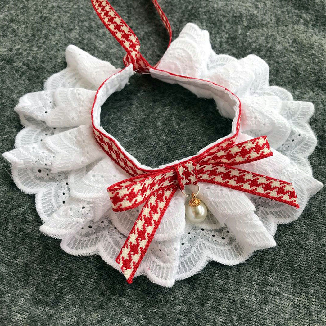 Red houndstooth bow pet neckwear with layered white scalloped ruffles