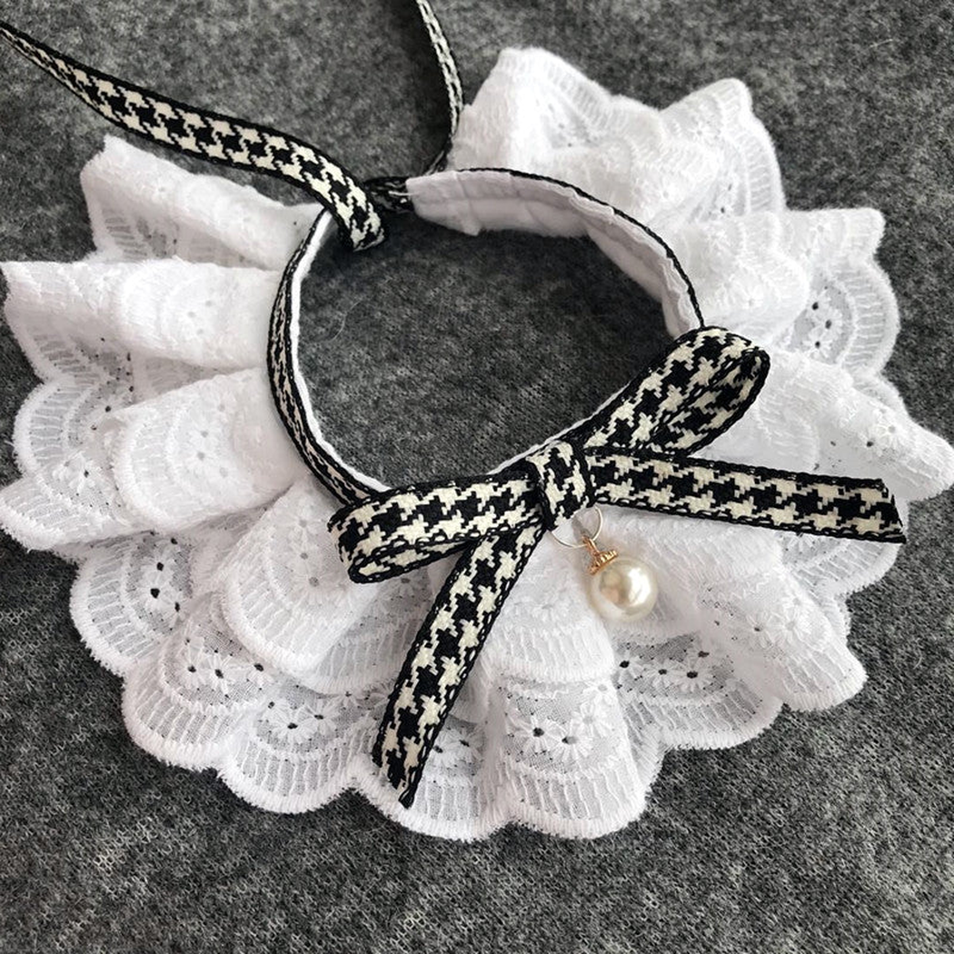 Black houndstooth bow pet neckwear with layered white scalloped ruffles
