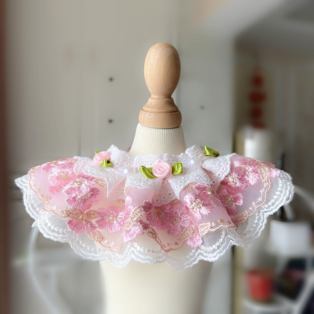 Light Pink floral pet neckwear with layered ruffles and lace-look trim
