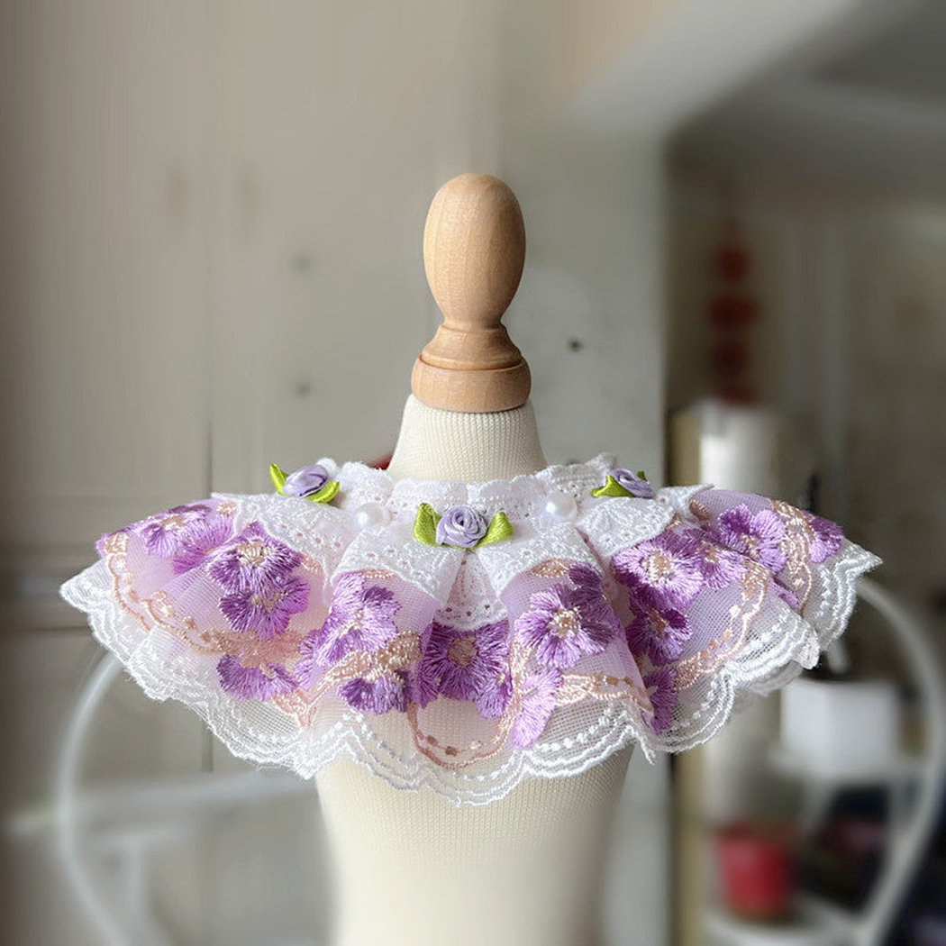 Light Purple floral pet neckwear with layered ruffles and lace-look trim