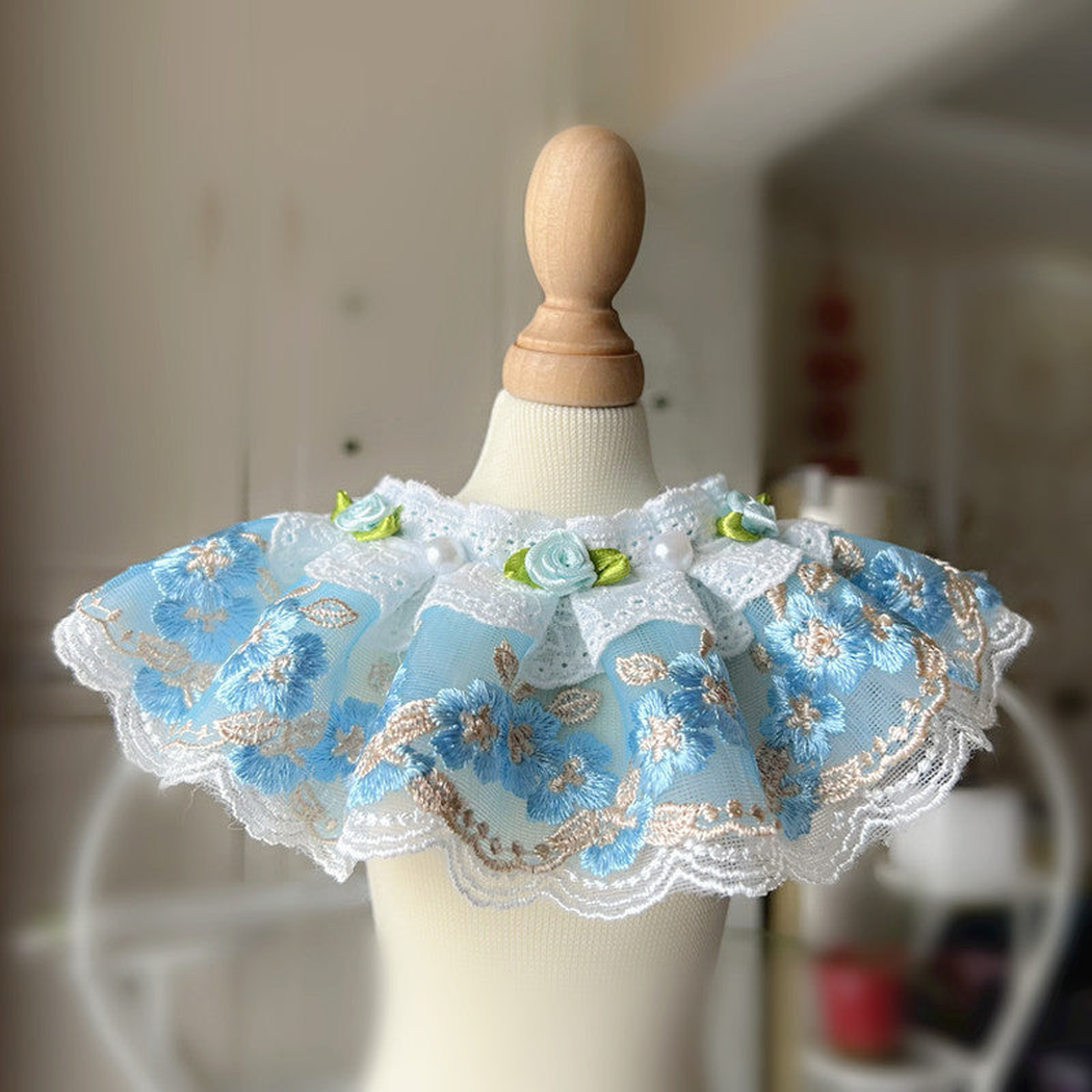 Light Blue floral pet neckwear with layered ruffles and lace-look trim
