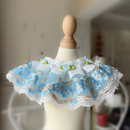 Light Blue floral pet neckwear with layered ruffles and lace-look trim
