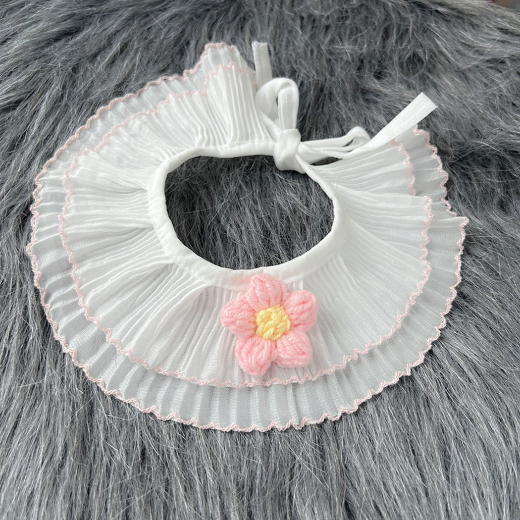 Pink double-layer ruffled pet neckwear with raised flower and tie closure