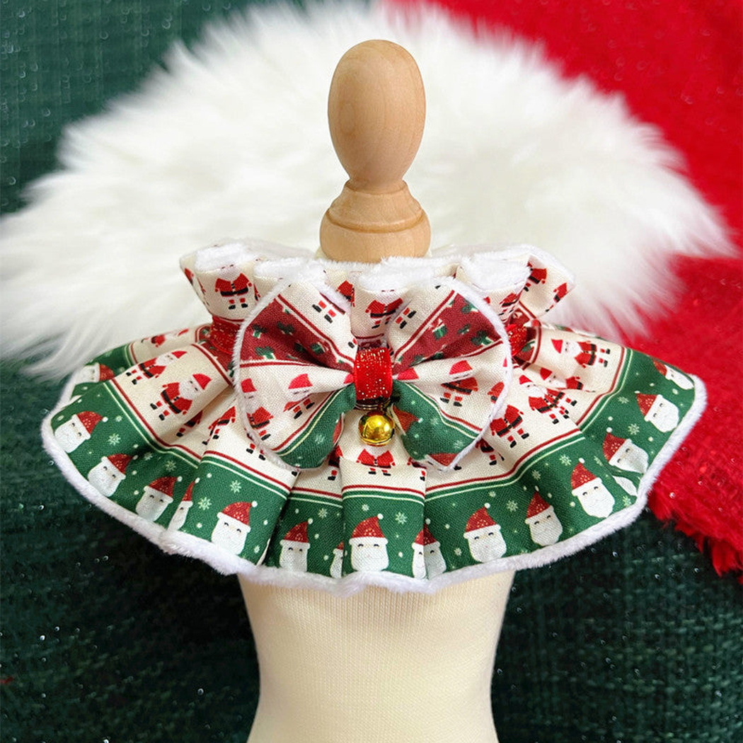 Santa Border pet neckwear with layered bow and gold-tone bell