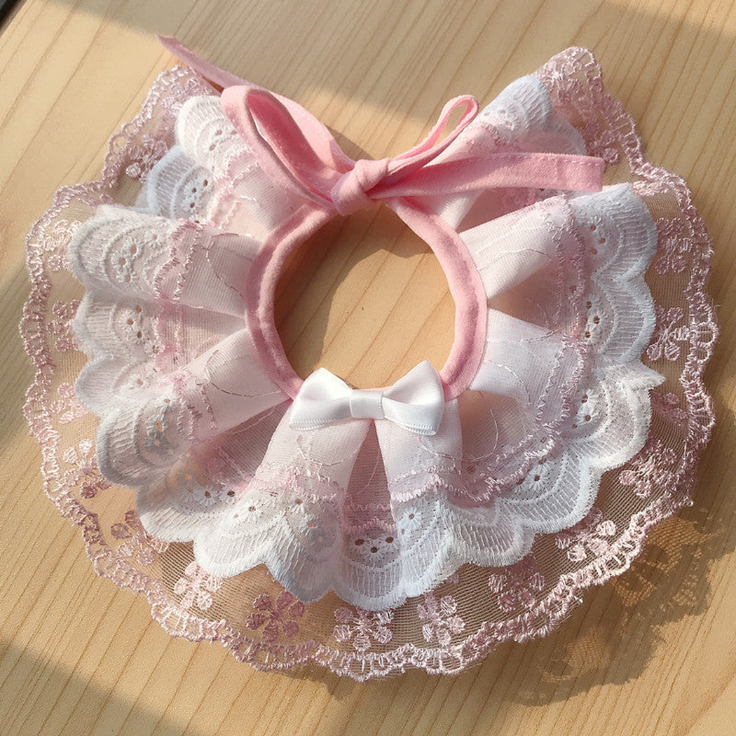 Light Pink layered ruffled Pet Neckwear with bow and lace-look edging