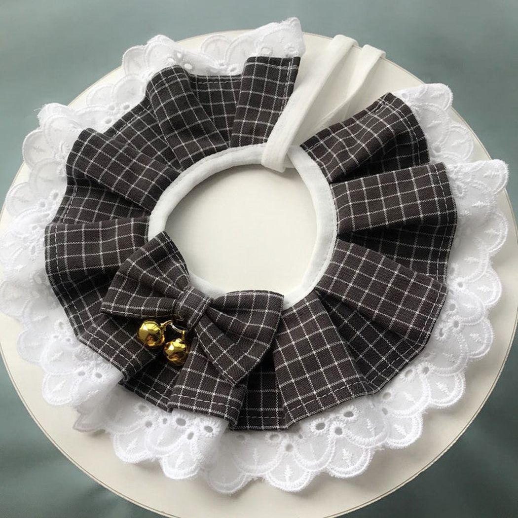 Gray Check pleated pet neckwear with white lace-look trim, bow and gold-tone bell accents