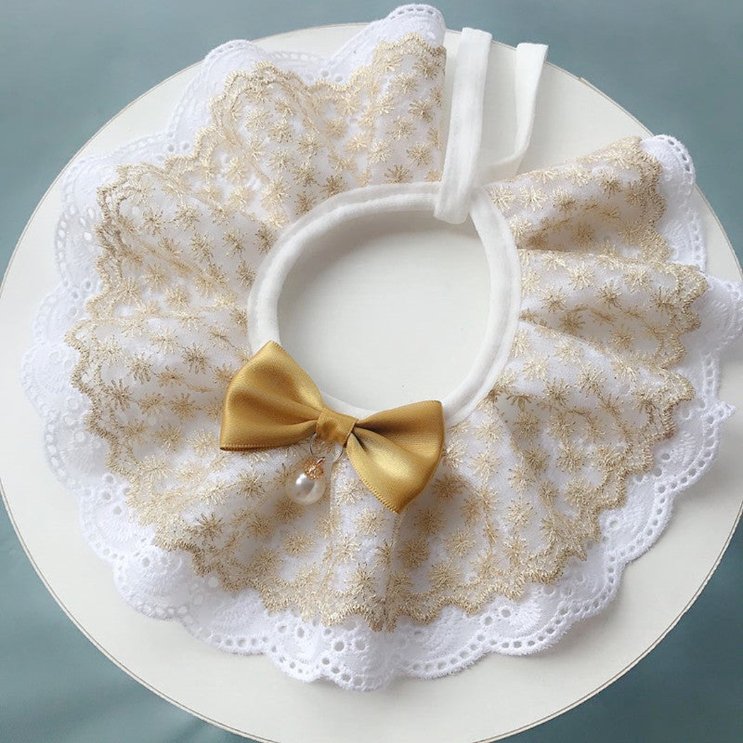 White Lace pleated pet neckwear with gold-tone embroidery, bow and pearl-look drop accent