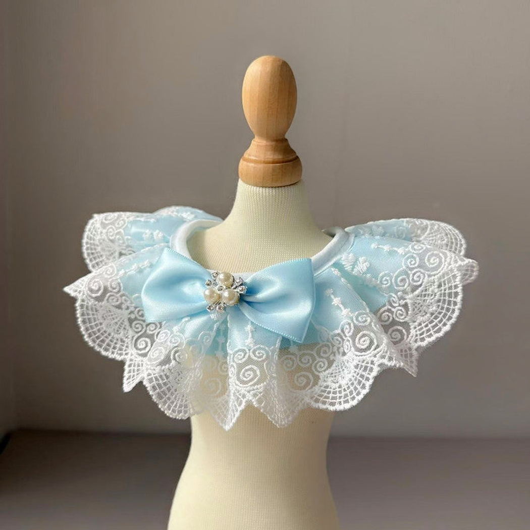 Light Blue ruffled pet neckwear with white lace-look edging and front bow