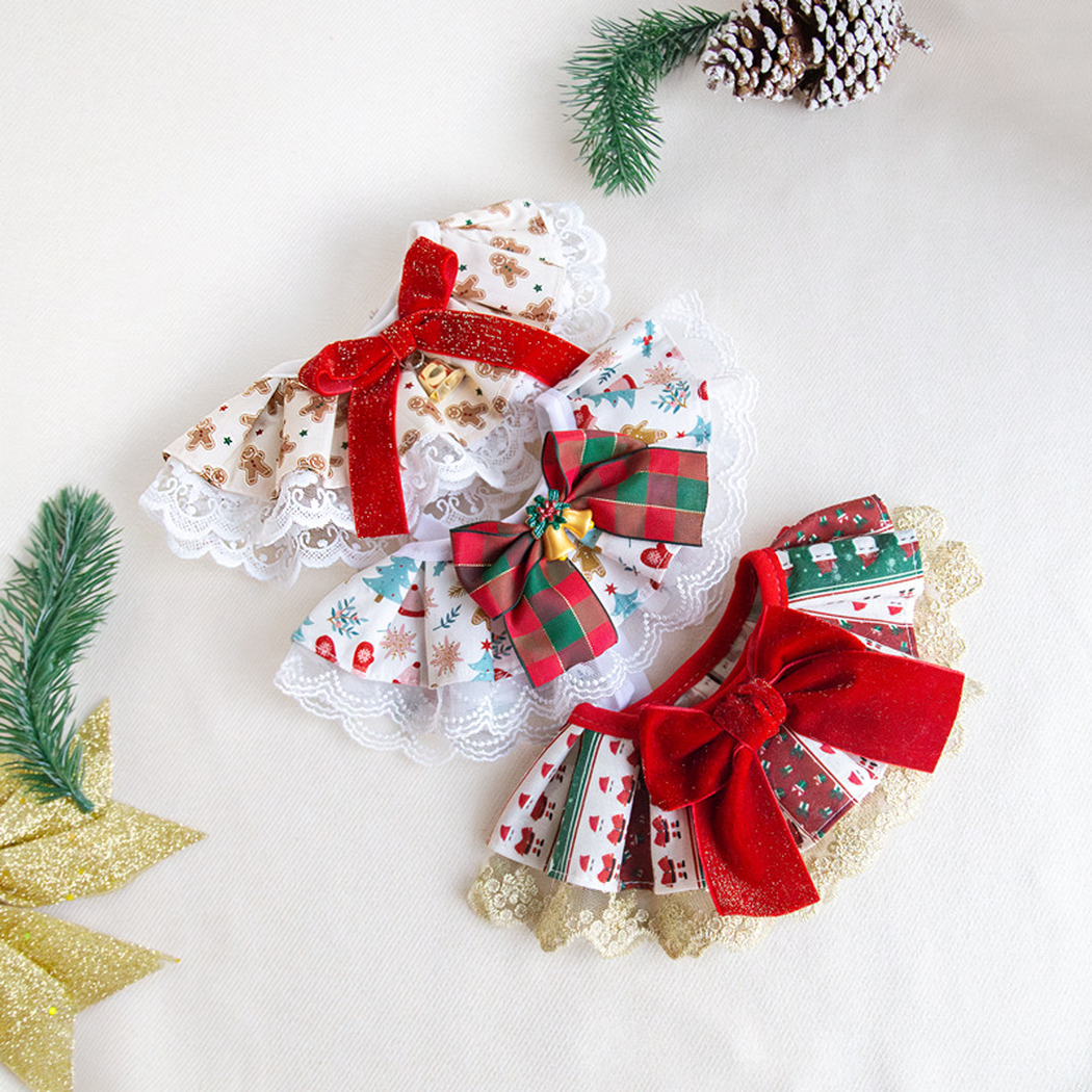 Three festive cat neckwear styles with lace edging and decorative bows
