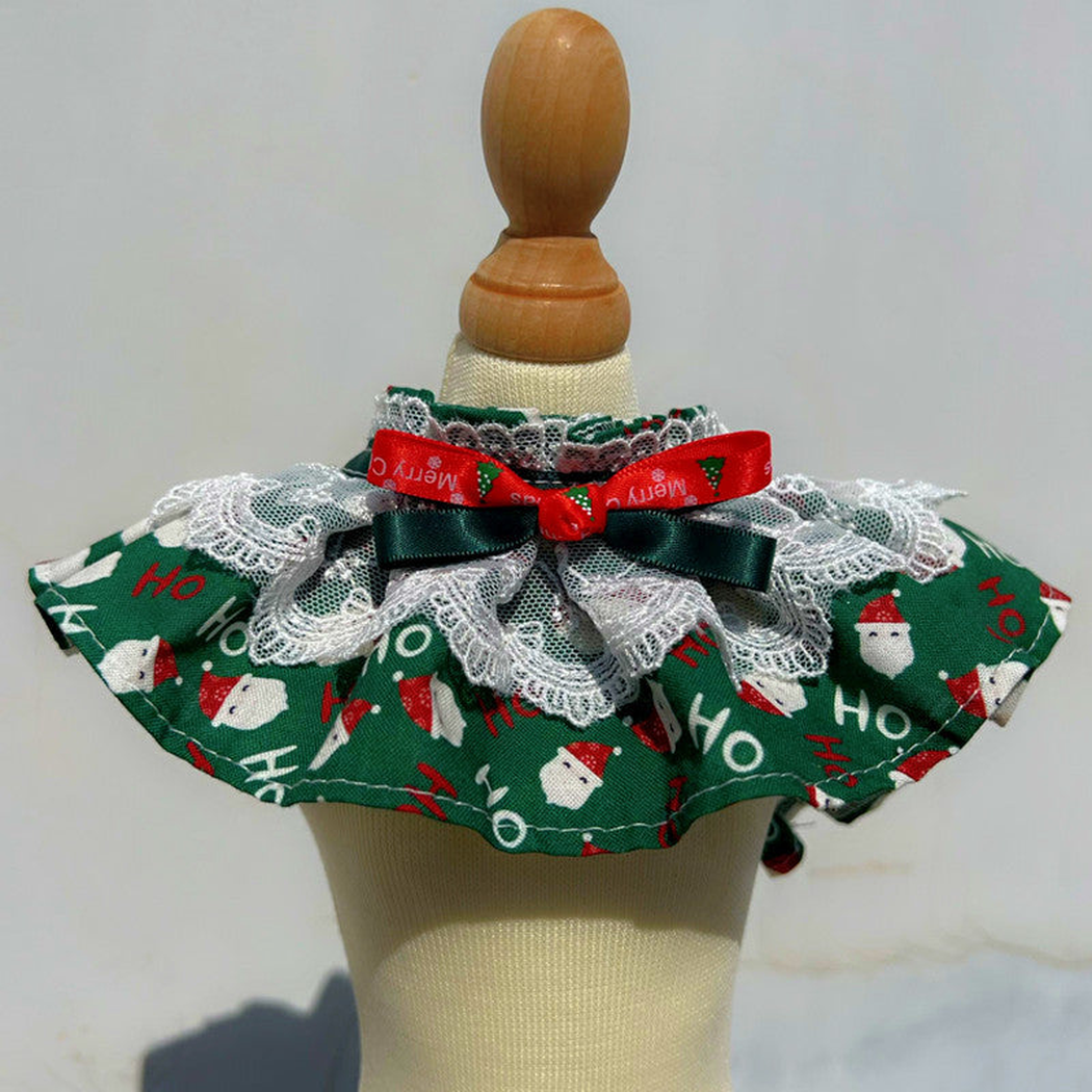 Santa Faces cat neckwear with layered lace and ribbon bow