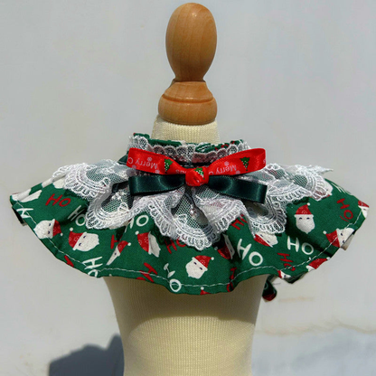 Santa Faces cat neckwear with layered lace and ribbon bow
