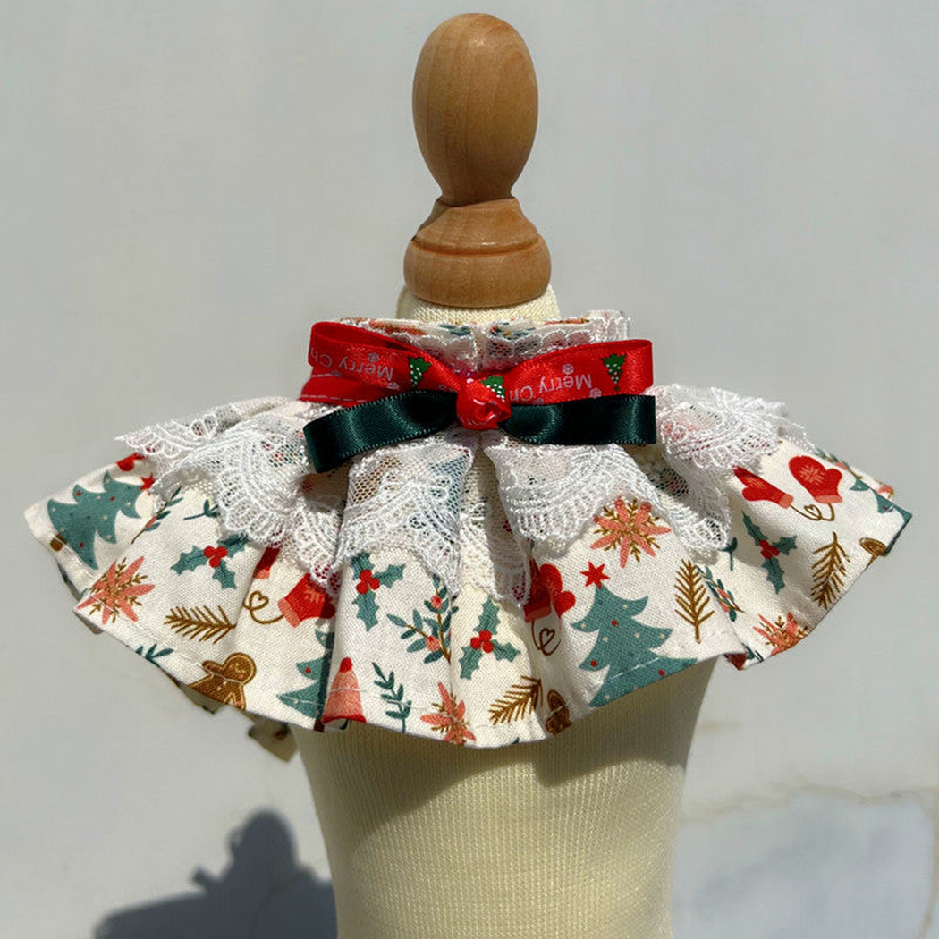 Christmas Trees cat neckwear with layered lace and ribbon bow