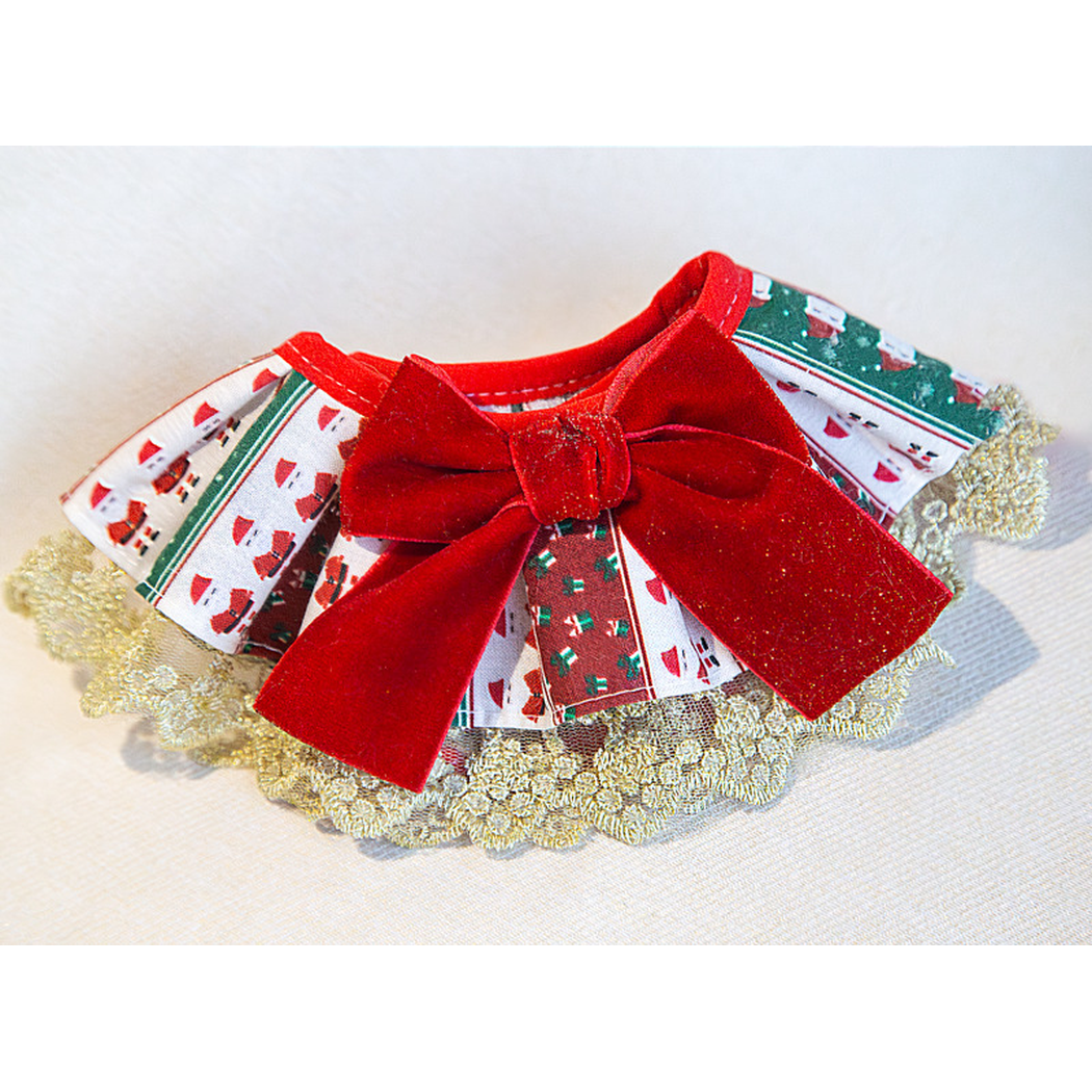 Santa Bow cat neckwear with striped panels and gold-tone lace edging