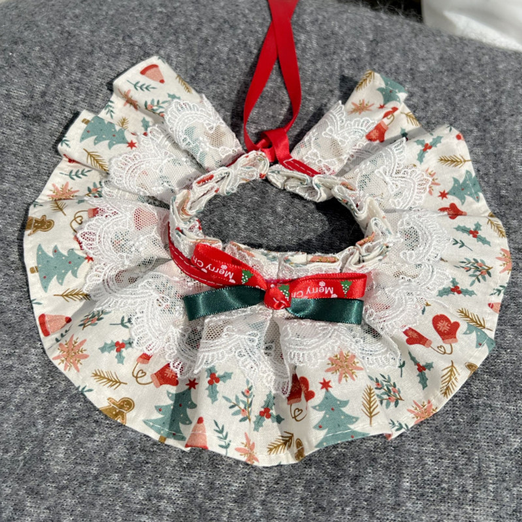 Christmas Trees cat neckwear open view showing tie cords and layered lace