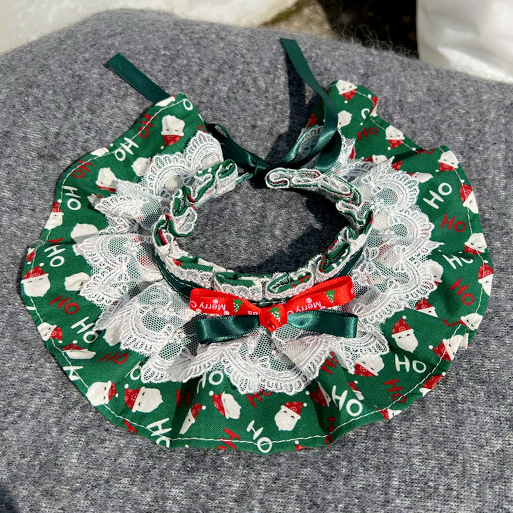 Santa Faces cat neckwear open view showing tie cords and layered lace