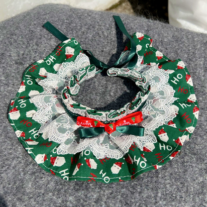 Santa Faces cat neckwear open view showing tie cords and layered lace