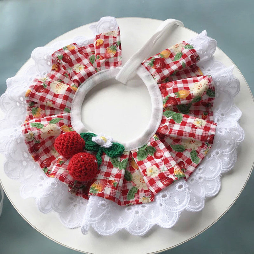 Fruit Gingham ruffled pet neckwear with red fruit ornaments and white lace-look edging