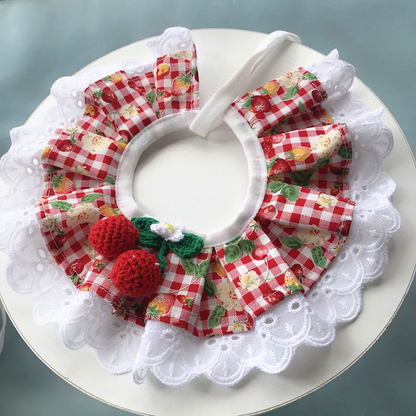 Fruit Gingham ruffled pet neckwear with red fruit ornaments and white lace-look edging
