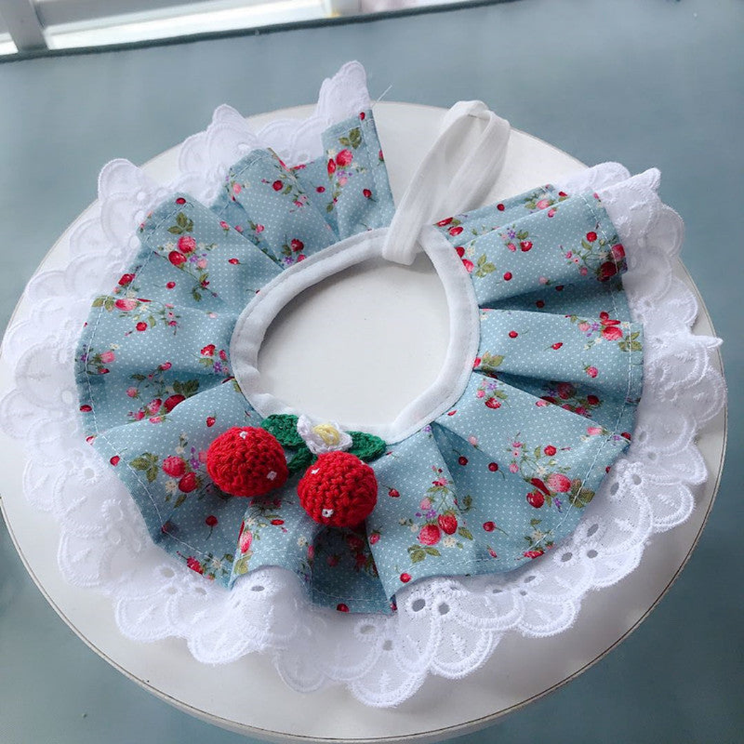 Blue Cherry ruffled pet neckwear with fruit ornaments and white lace-look edging