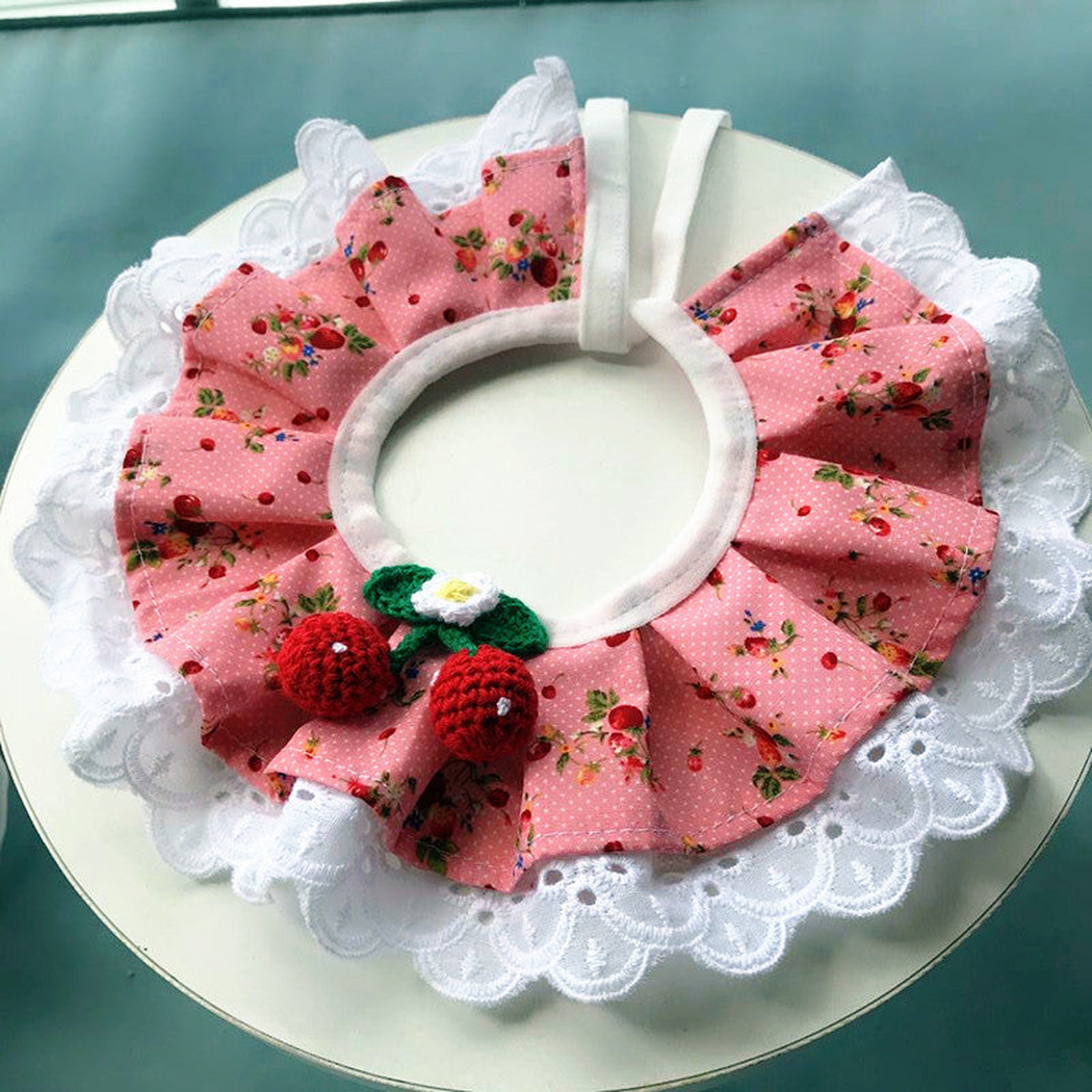 Pink Cherry ruffled pet neckwear with fruit ornaments and white lace-look edging