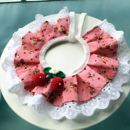 Pink Cherry ruffled pet neckwear with fruit ornaments and white lace-look edging