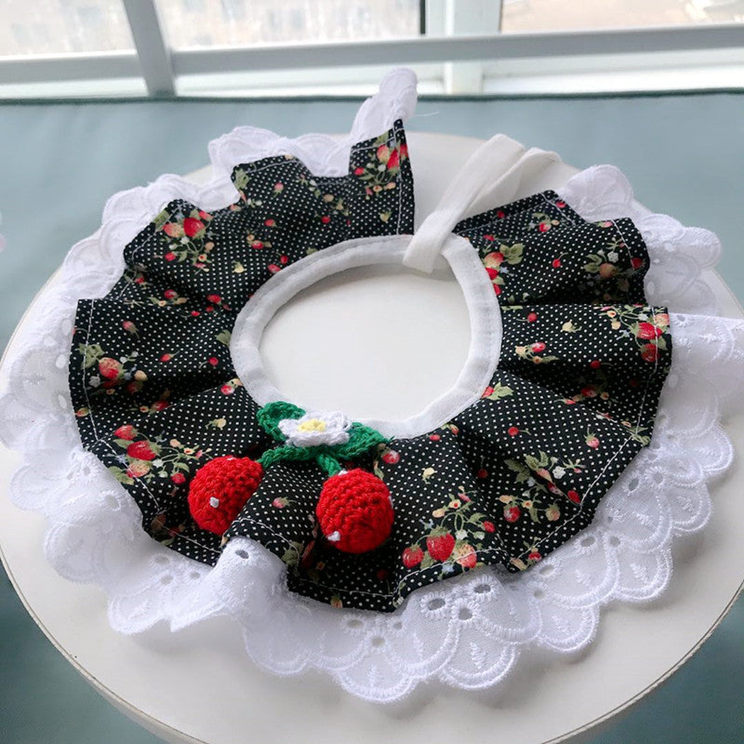 Black Cherry ruffled pet neckwear with fruit ornaments and white lace-look edging