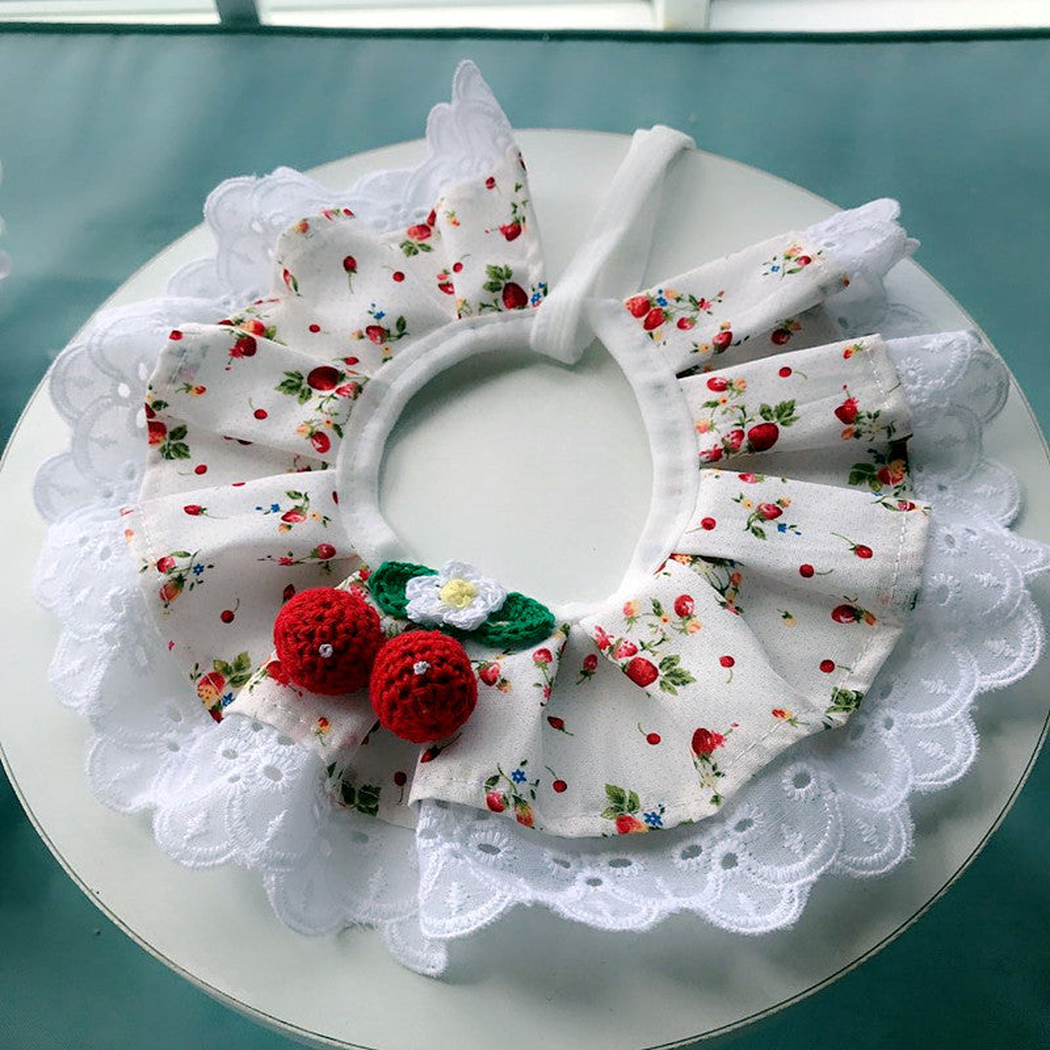 White Cherry ruffled pet neckwear with fruit ornaments and white lace-look edging