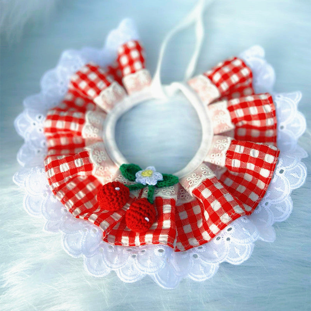 Red Gingham ruffled pet neckwear with fruit ornaments and white lace-look edging