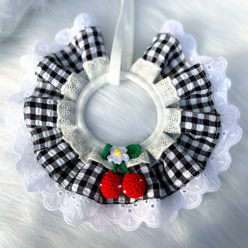 Black Gingham ruffled pet neckwear with fruit ornaments and white lace-look edging