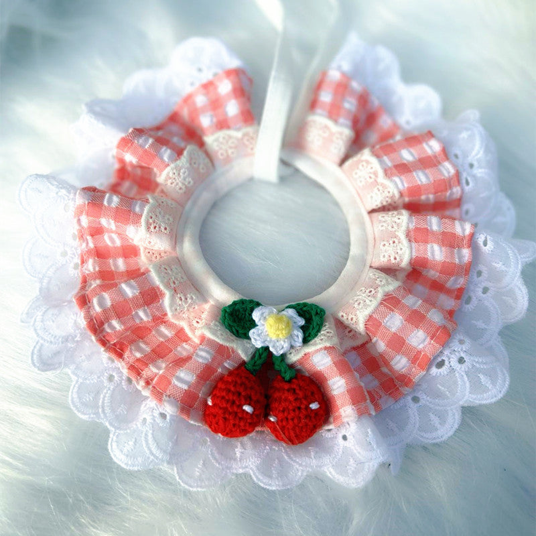 Pink Gingham ruffled pet neckwear with fruit ornaments and white lace-look edging