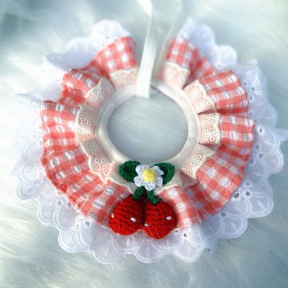 Pink Gingham ruffled pet neckwear with fruit ornaments and white lace-look edging
