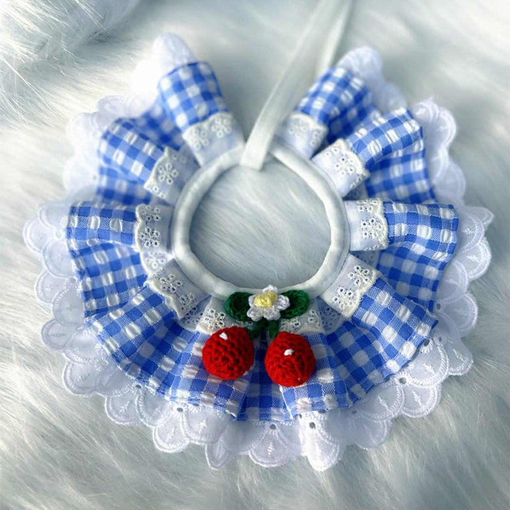 Blue Gingham ruffled pet neckwear with fruit ornaments and white lace-look edging
