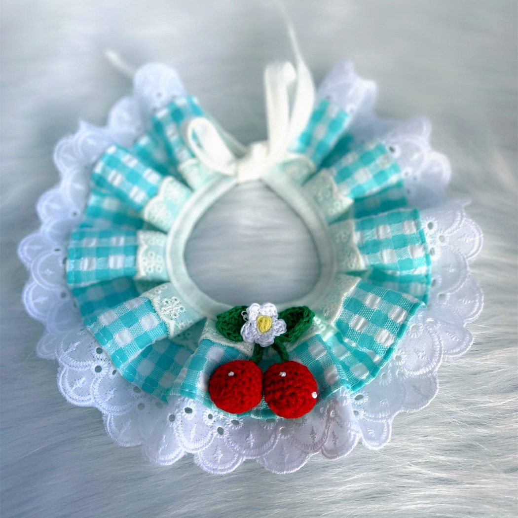 Turquoise Gingham ruffled pet neckwear with fruit ornaments and white lace-look edging