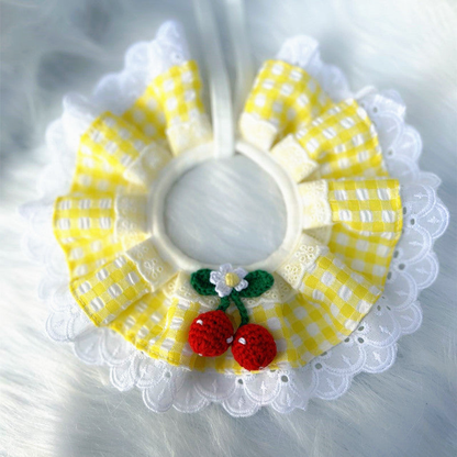 Yellow Gingham ruffled pet neckwear with fruit ornaments and white lace-look edging
