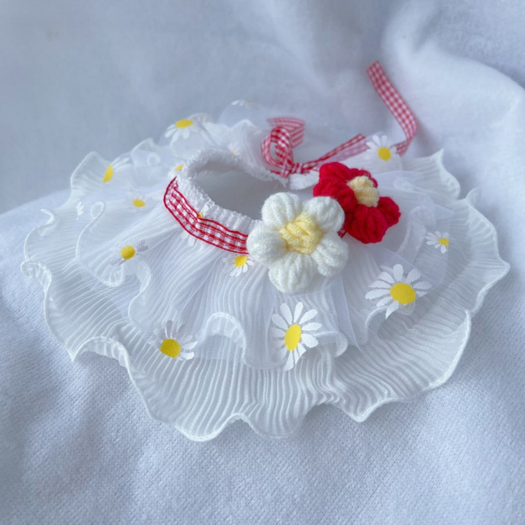 Red daisy-print ruffled pet neckwear with white and red flower appliqués