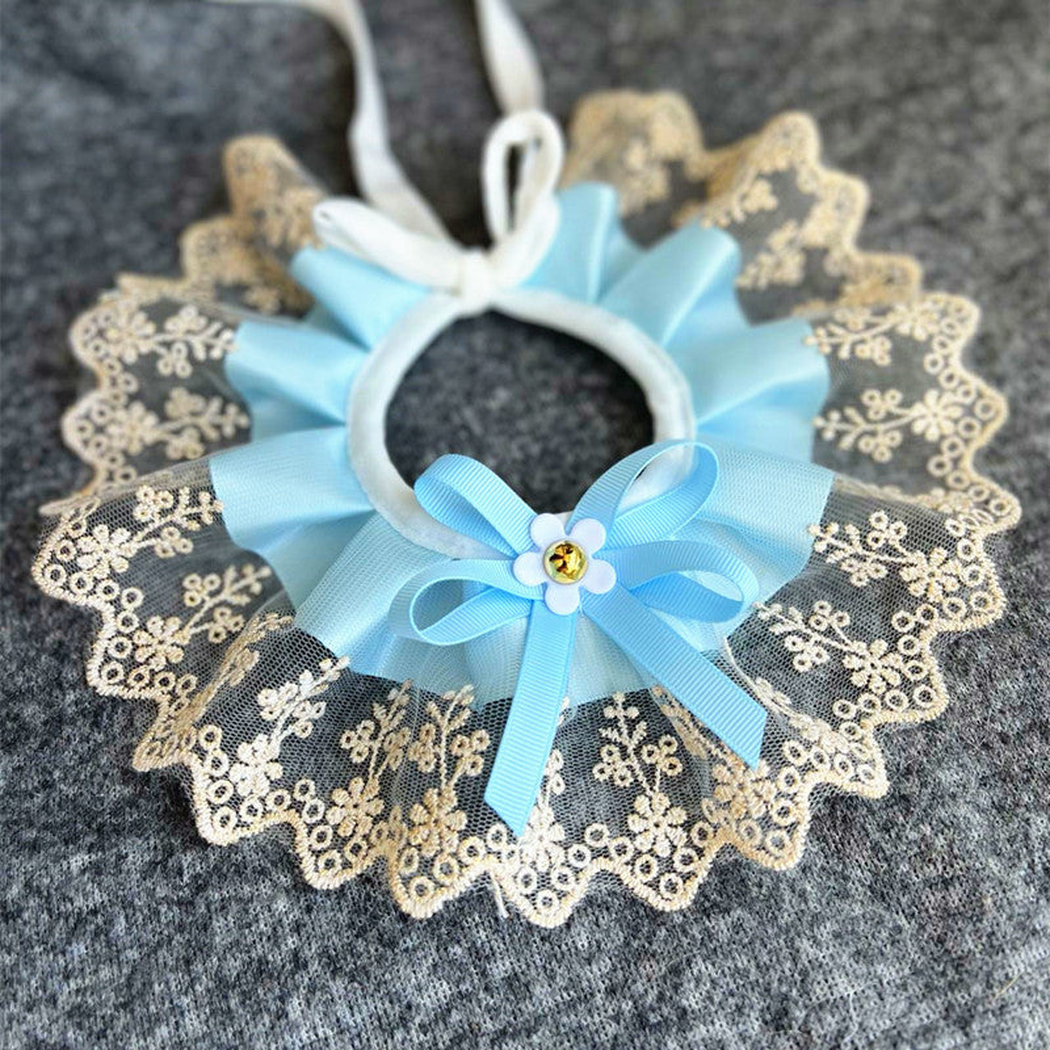 Light Blue ruffled pet neckwear with a floral lace-look edge and bow