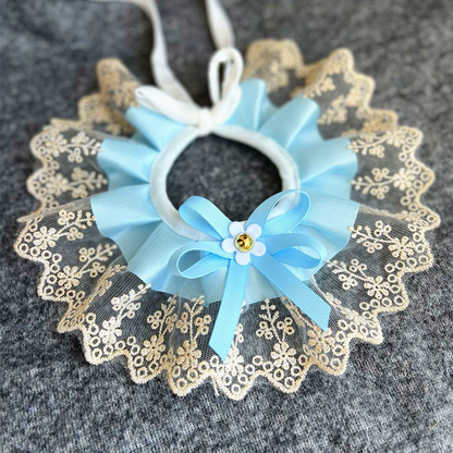 Light Blue ruffled pet neckwear with a floral lace-look edge and bow